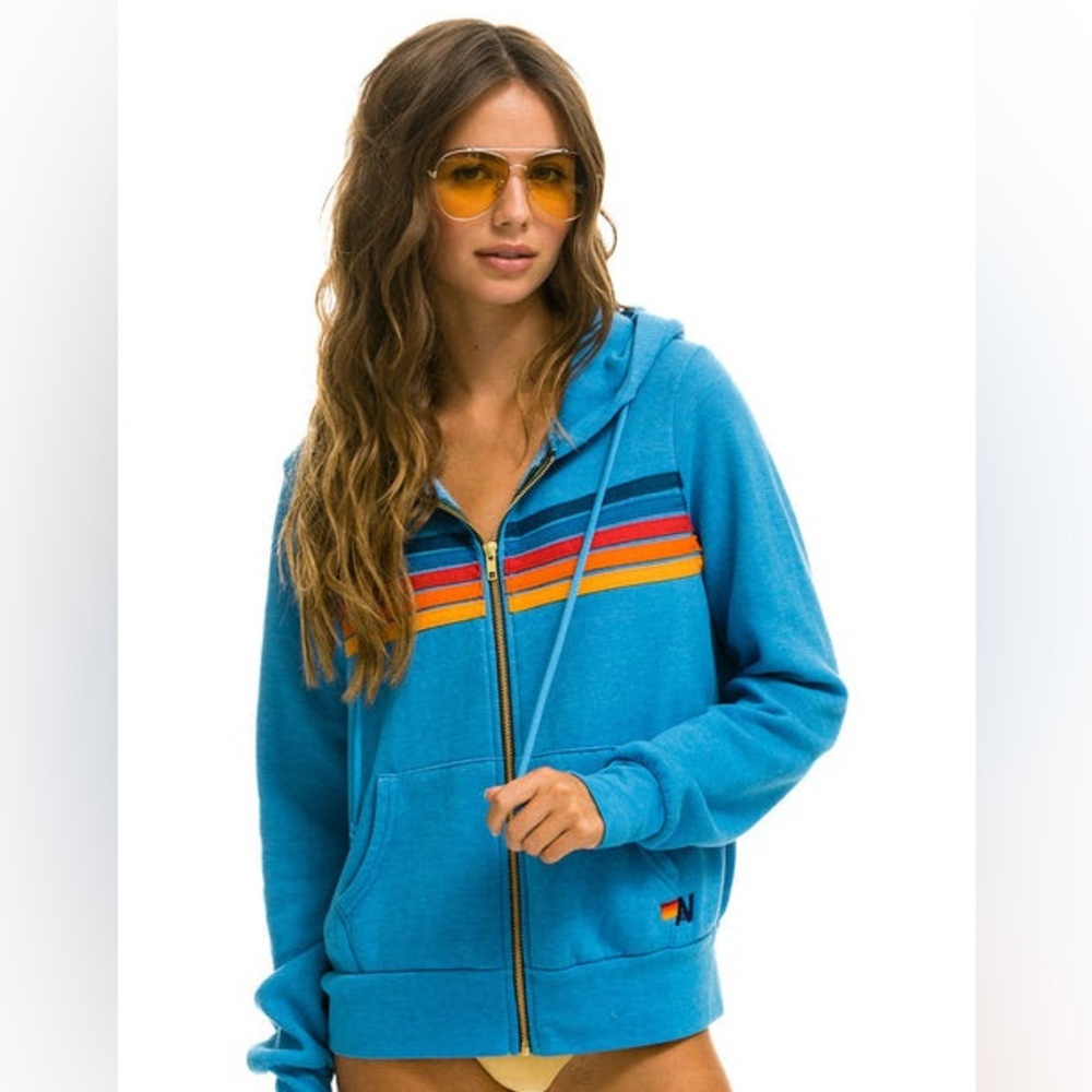 Aviator Nation Ocean Blue 5 Stripe Hoodie Zip Sweatshirt